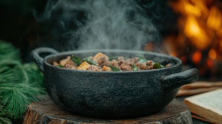 Steaming hot homemade stew in a cast iron potの素材