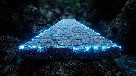 Glowing stone pathway in dark forestの素材