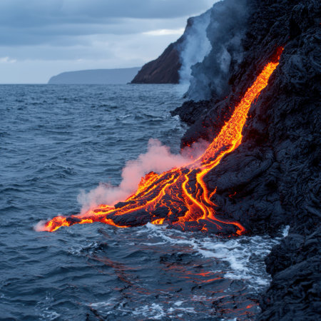 Dramatic volcanic eruption lava flow into oceanの素材