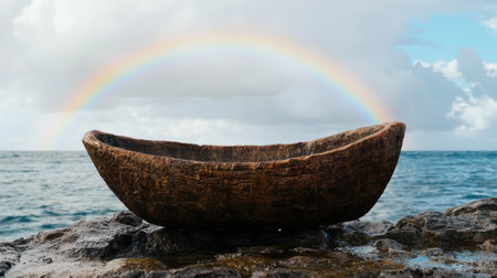 Wooden boat on rocky shore with rainbow in the skyの素材