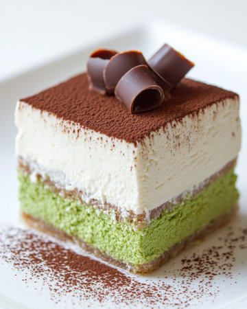 Delicious layered dessert with chocolate and green creamの素材