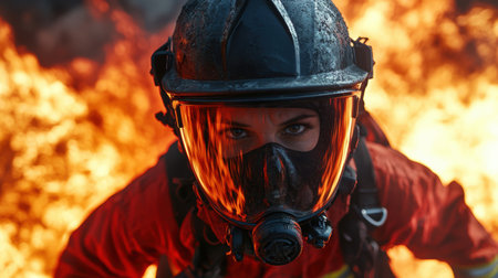 firefighter in action during a blazeの素材