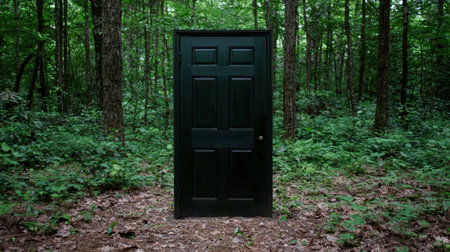 Mysterious black door in the woodsの素材