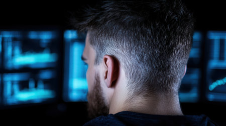 man watching computer screens in dark roomの素材