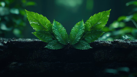 Lush green leaves on a dark backgroundの素材