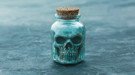 Mysterious skull in glass jar on waterの素材