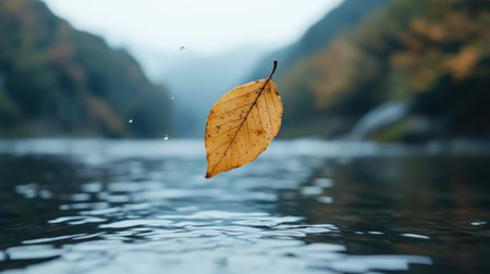 Autumn leaf floating on serene lakeの素材