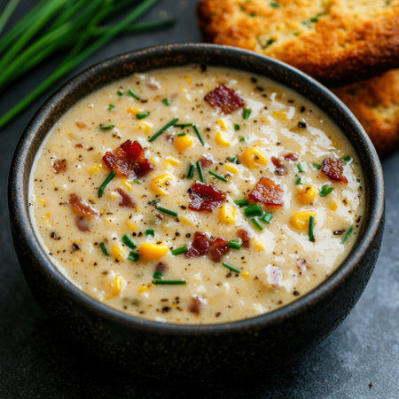 Creamy corn and bacon chowder in a black bowlの素材