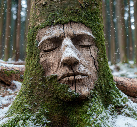 Weathered tree trunk with moss-covered faceの素材