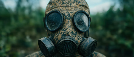 soldier wearing camouflage gas mask in forestの素材