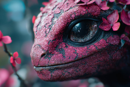 Close-up of a vibrant red lizard eye surrounded by pink petalsの素材