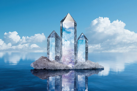 Surreal crystal towers reflecting in calm watersの素材