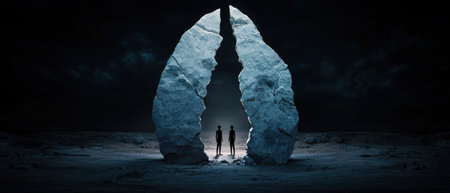 Mysterious figures in an icy caveの素材