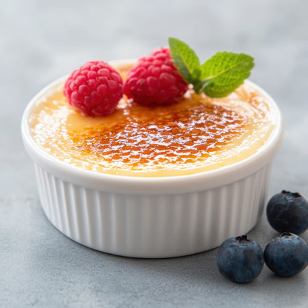 Delicious creme brulee dessert with fresh raspberries and mintの素材