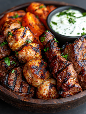 Delicious grilled meat and vegetables on a wooden plateの素材