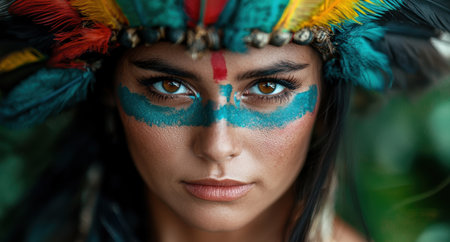Vibrant face of a woman with colorful feathersの素材