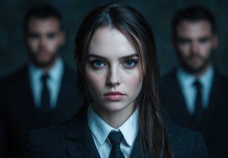 Serious young woman with two men in suitsの素材