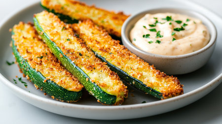 Breaded and fried zucchini sticks with creamy dipping sauceの素材