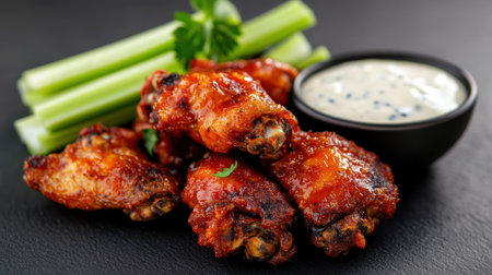 Delicious spicy chicken wings with creamy dipping sauceの素材