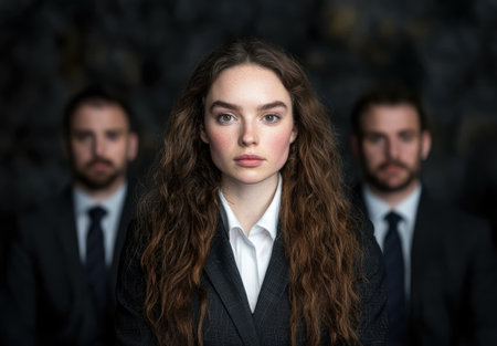 Serious young woman in business attire with two men in backgroundの素材