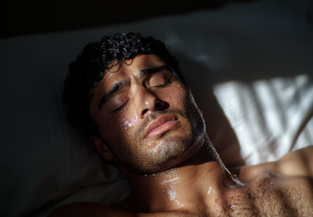 Sweaty man with curly hair restingの素材