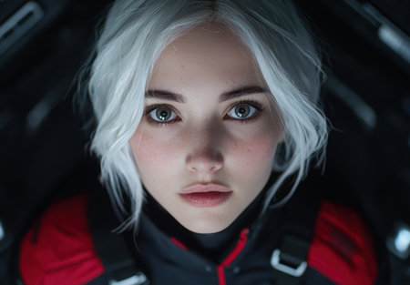 Dramatic portrait of a young woman with striking white hair and intense gazeの素材