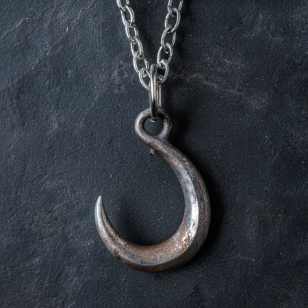 Rustic metal hook pendant on dark backgroundの素材