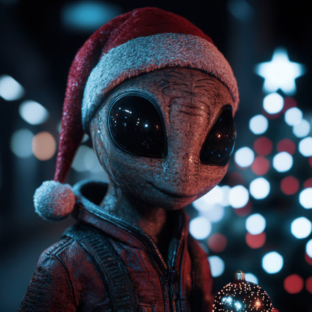 Alien in santa hat with christmas ornamentの素材