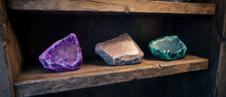 Colorful Gemstones on Rustic Wooden Shelfの素材