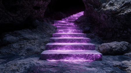 Glowing purple staircase in dark caveの素材