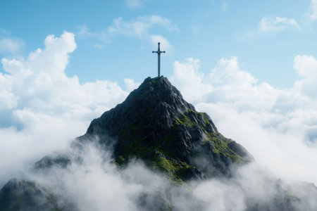 Dramatic mountain peak with cross silhouetteの素材
