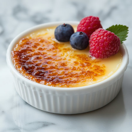 Delicious crÃ¨me brÃ»lÃ©e dessert with fresh berriesの素材