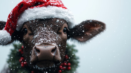 close-up of a cow wearing a santa hat in the snowの素材