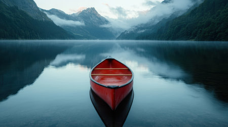 Serene mountain lake with red canoeの素材
