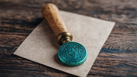 Vintage stamp and paper on wooden tableの素材