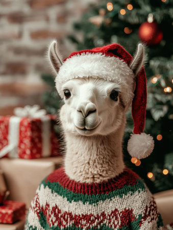 Festive llama in christmas sweaterの素材