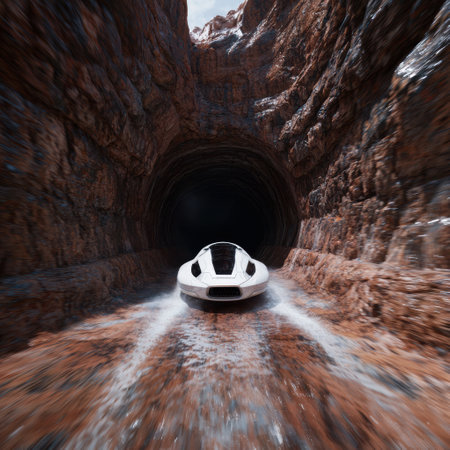 high-speed futuristic vehicle racing through rocky tunnelの素材