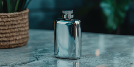 Elegant glass perfume bottle on reflective surfaceの素材