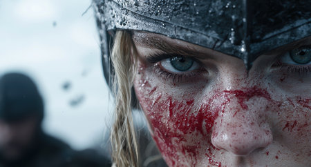 Closeup of a person's face covered in blood and snowの素材