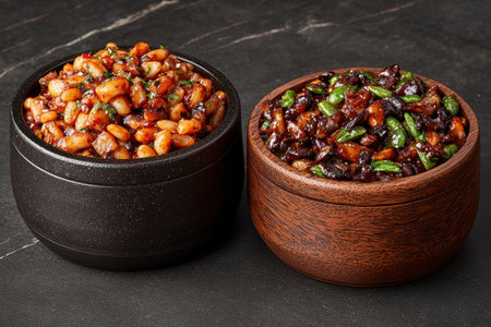 Delicious chinese dishes in wooden and black bowlsの素材