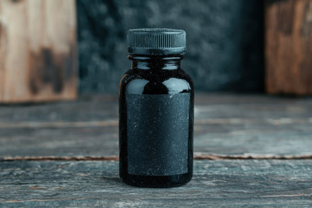 black glass bottle with cap on wooden surfaceの素材