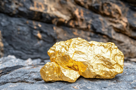 Glittering gold nugget on rocky surfaceの素材