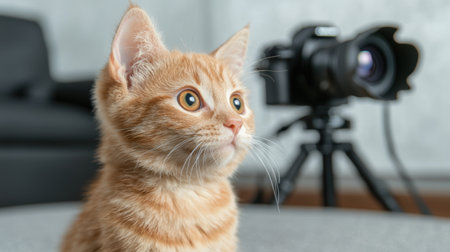 Curious ginger kitten looking at cameraの素材