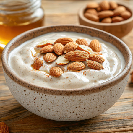 Creamy yogurt with roasted almonds and honeyの素材