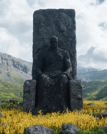 Mysterious stone figure in a mountainous landscapeの素材