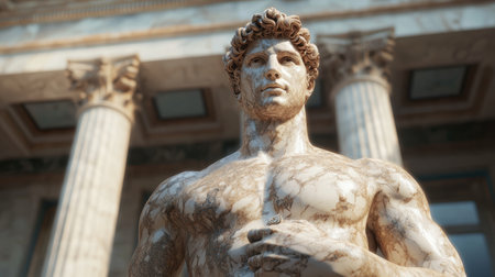 Marble statue of a muscular male figure with curly hairの素材