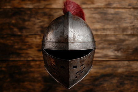 Ornate medieval knight's helmet with red plumeの素材