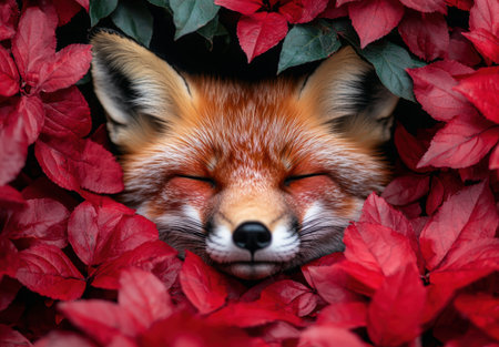 Peaceful fox resting in autumn leavesの素材