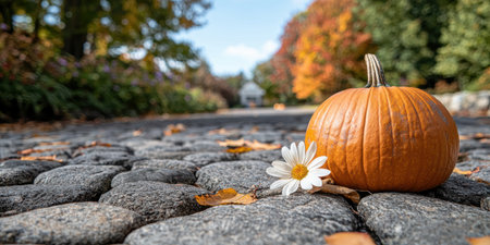 Autumn pumpkin and flower in a scenic outdoor settingの素材