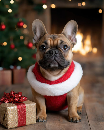 cute french bulldog wearing christmas sweater and sitting next to gift boxの素材